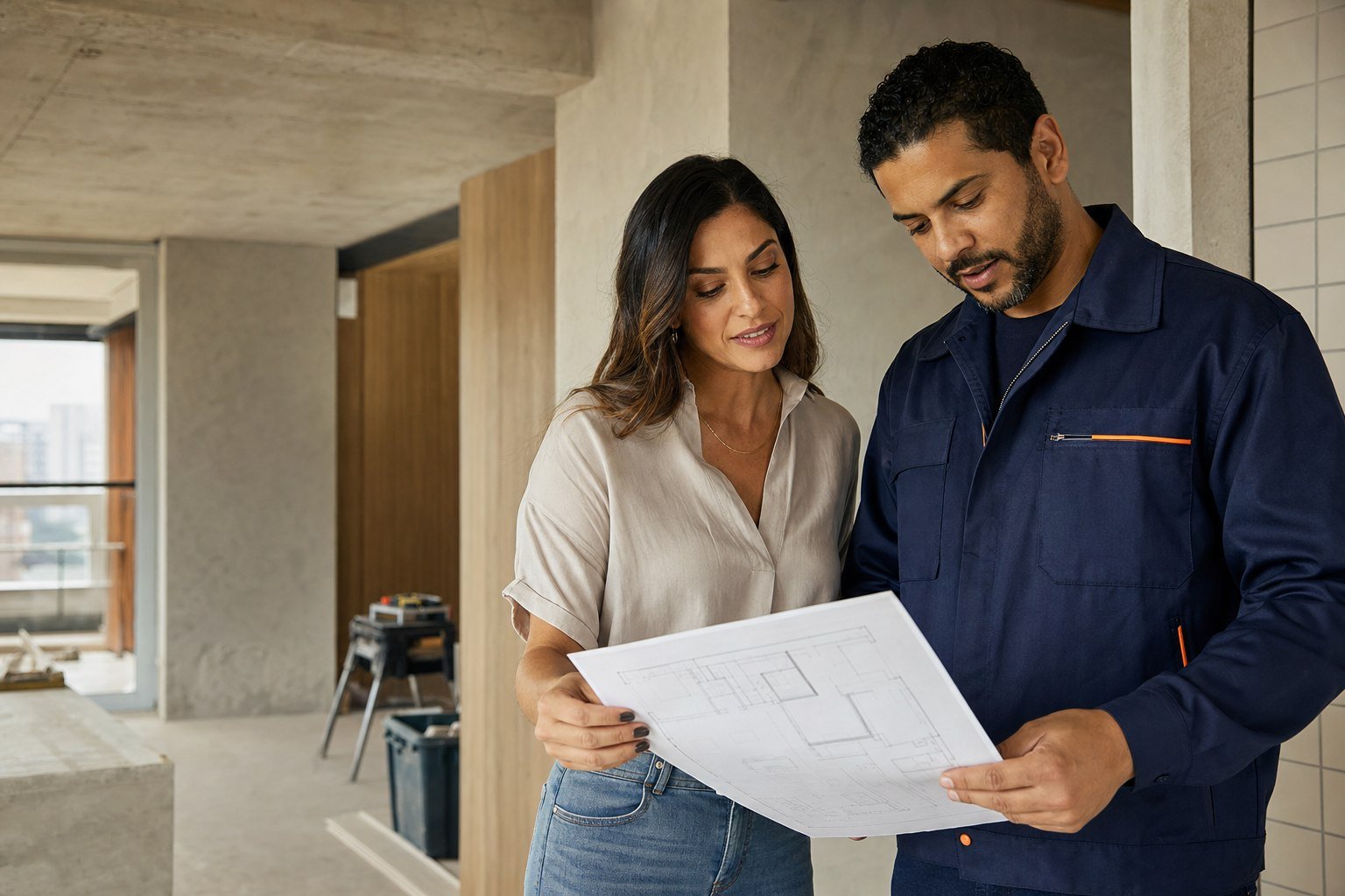 Cliente e profissional planejando uma reforma